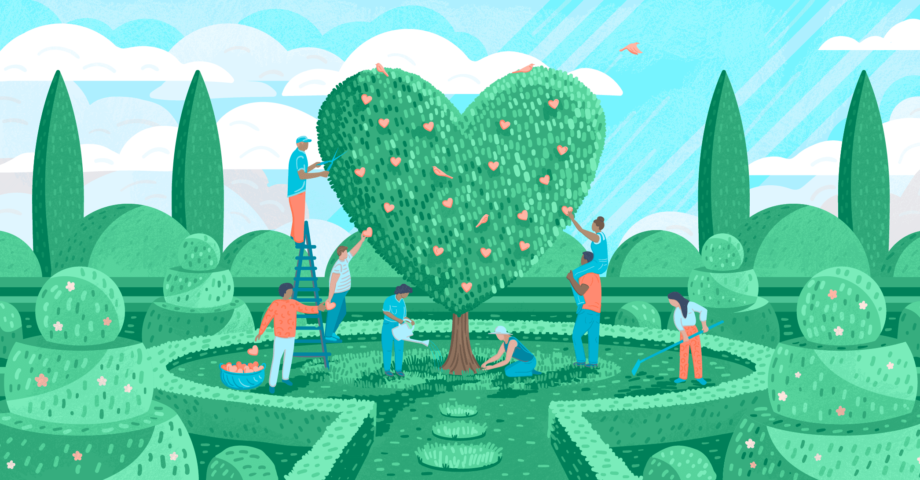 Illustration of people working together to create a heart-shaped topiary tree in a garden setting.