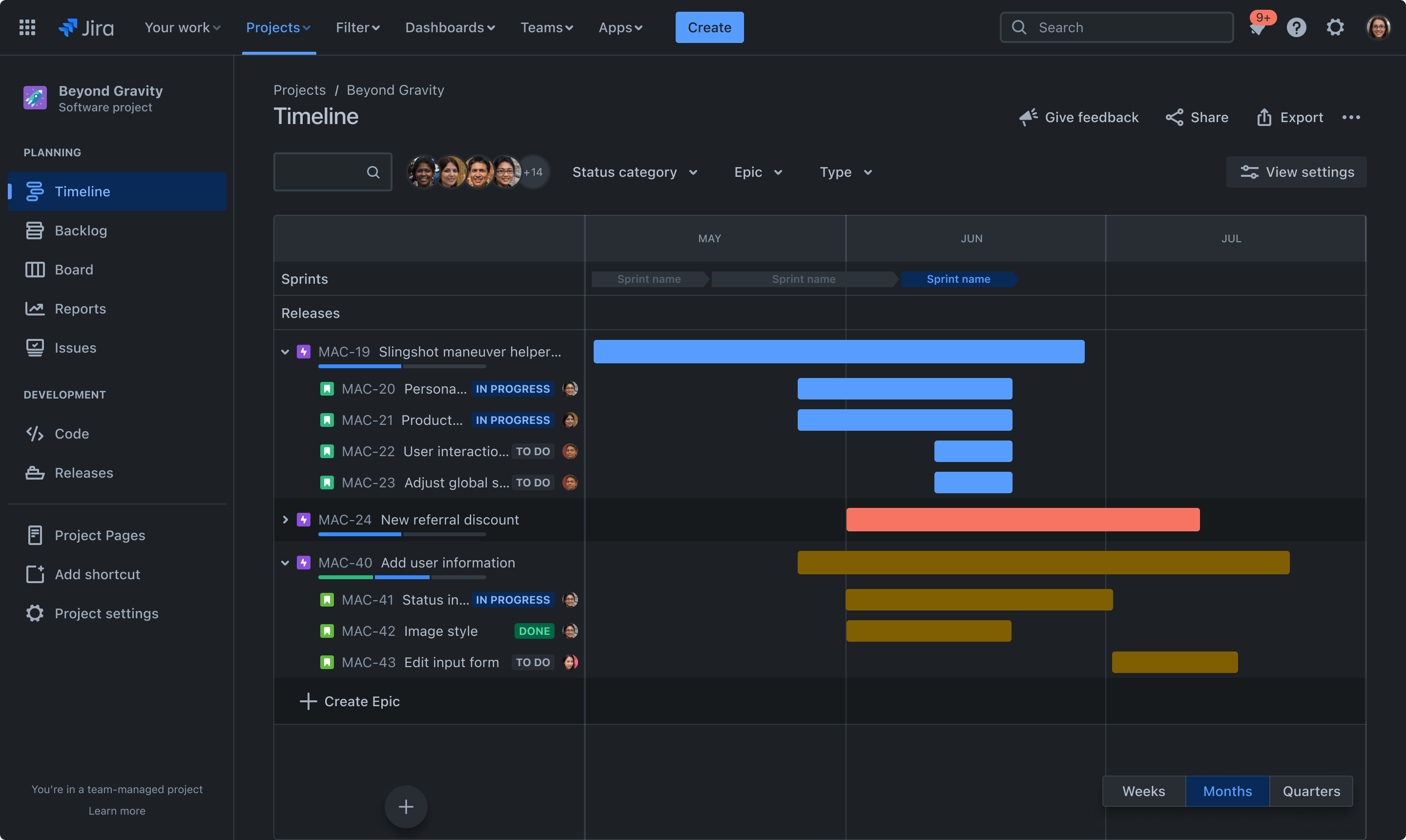 Die Zeitleistenansicht in Jira ermöglicht es Nutzern, den Fortschritt nach Sprints in Wochen, Monaten oder Quartalen darzustellen. Der Status ist in diesem Beispiel nach Kategorien geordnet.